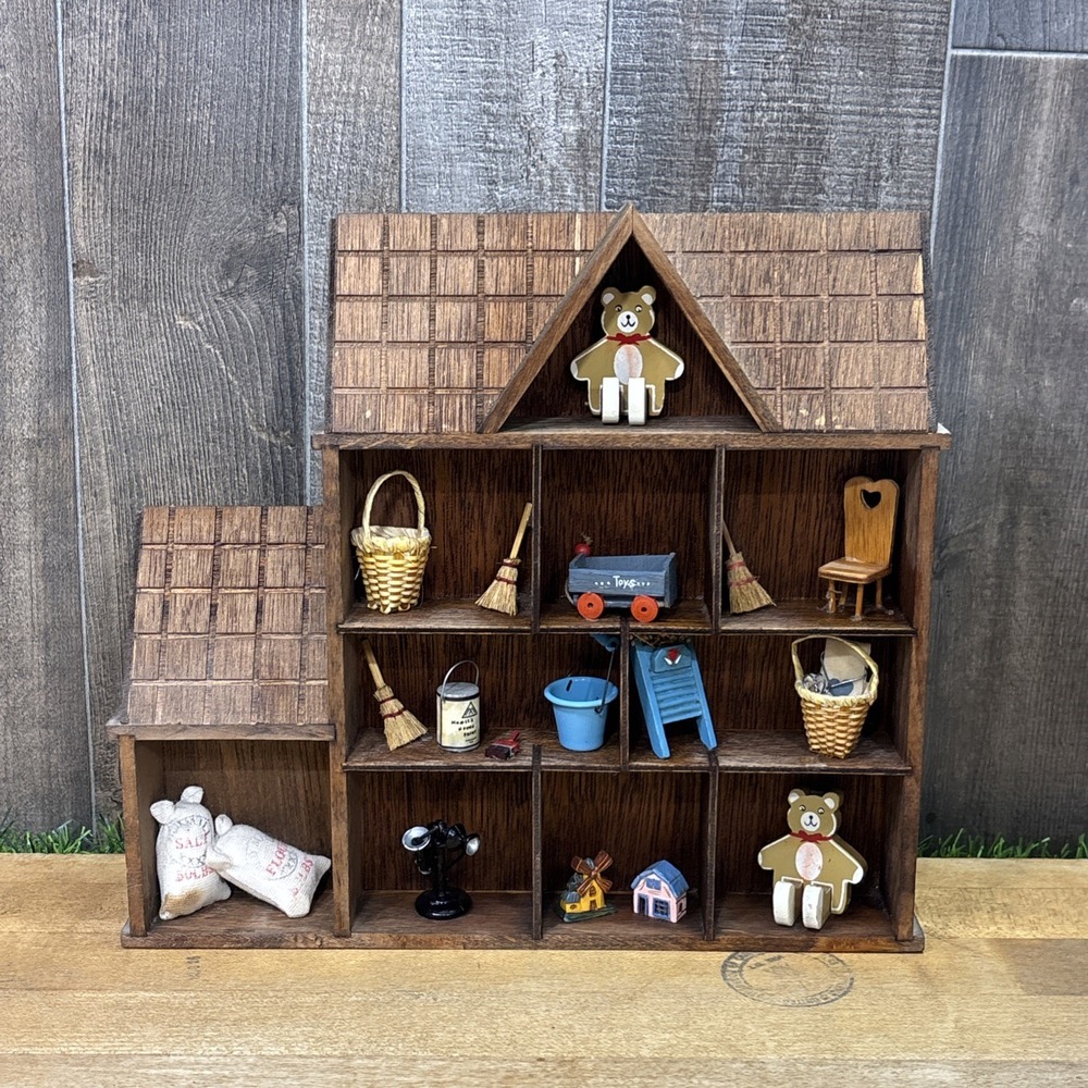 Vintage Wooden House Curio Shelf Miniature Trinket Display Farmhouse Decor